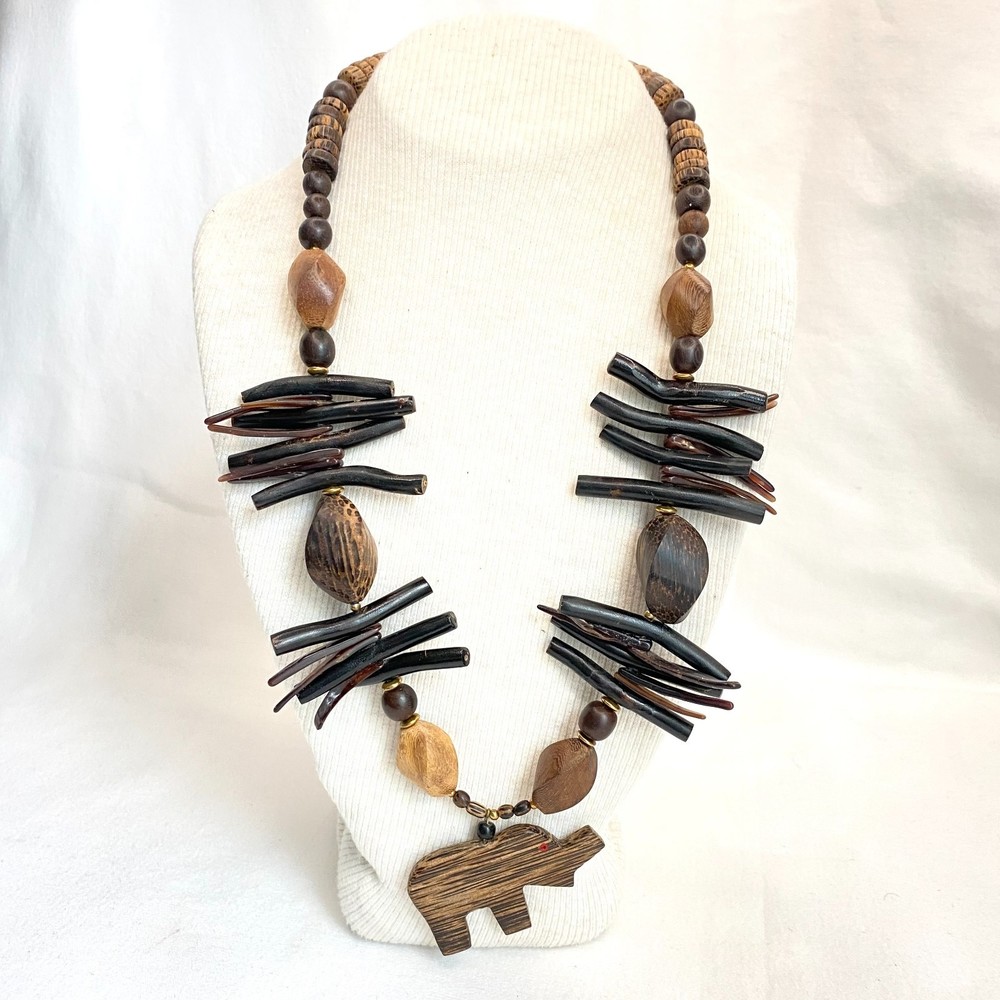 💎Chunky Tribal Wooden Necklace Beaded With Stick Beads Wooden Elephant Pendant